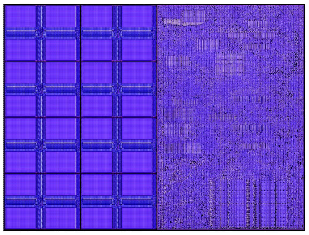 View of a single Cerebras core, which devotes about 50% of its area to memory (left).